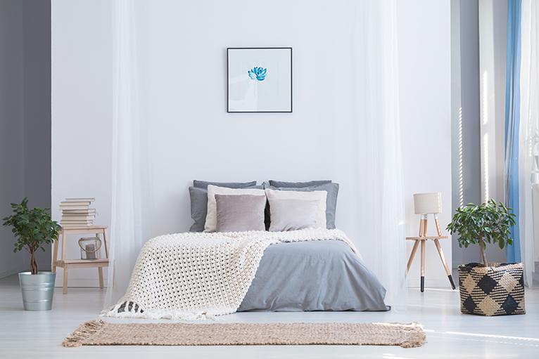 Bedroom in soothing greys and blues