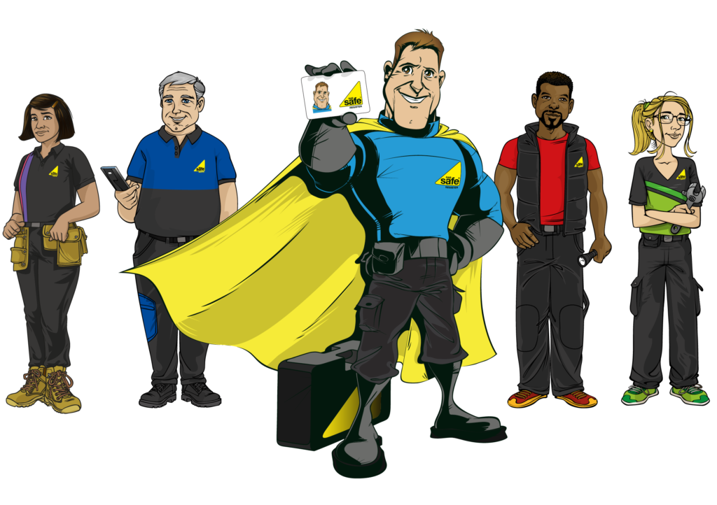 Cartoon image of the Gas Safety Week mascots: Gas Safe Hero Doug, and the Safety Squad (Leon, Aisha, Bob and Olivia)