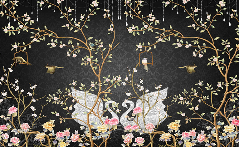 Swans and tree branches design wallpaper