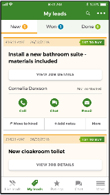 Screenshot of the Lead Tracker on the Rated People Trades app