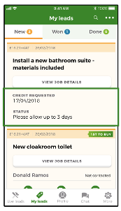 Screenshot of the Lead Tracker on the Rated People Trades app