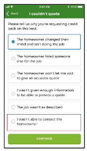 Screenshot of the 'I couldn't quote' page on the Rated People Trades app