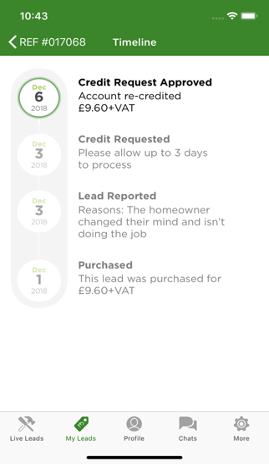 Lead Tracker credit request timeline page
