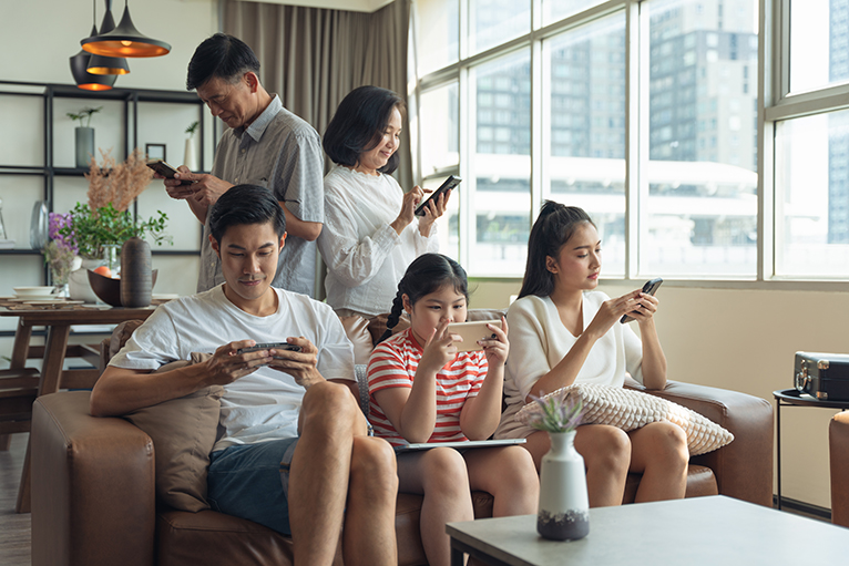 Family using devices