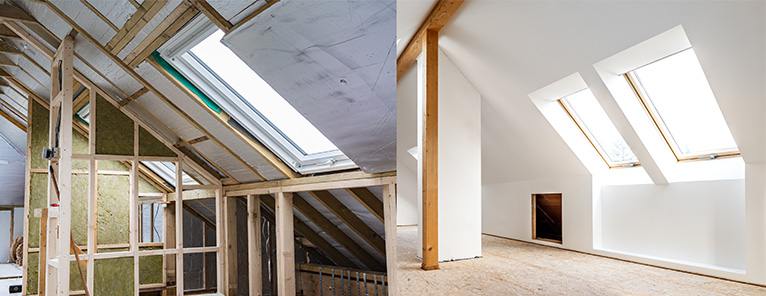 Before and after image of loft a conversion. One shows the structure being built, and in the second a fresh, light space is revealed. 