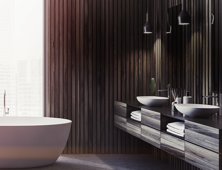 Picture of dark wooden slat wall design in bathroom