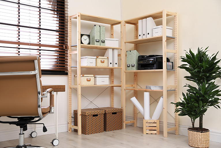 wooden customisable shelves in a neutral home office