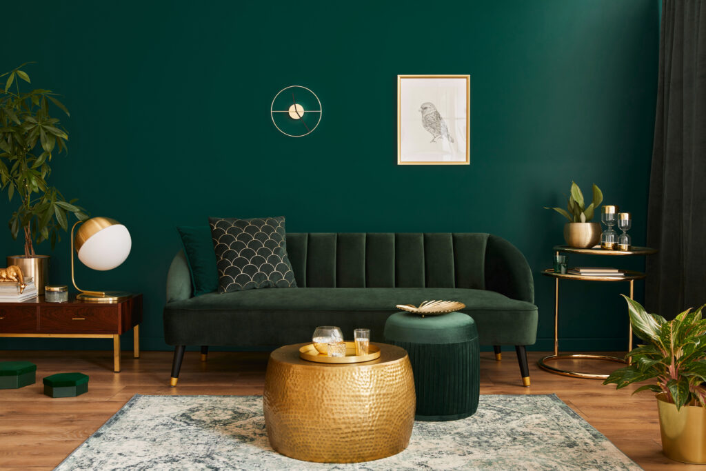 Picture of a dark green living room with matching furniture