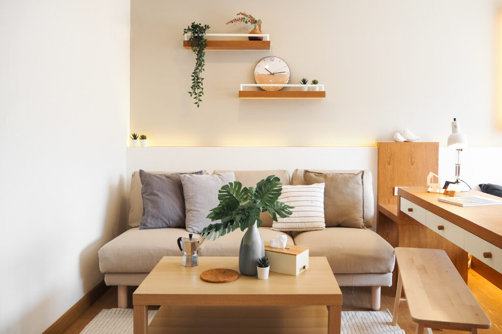 Picture of a small living room with wooden furniture